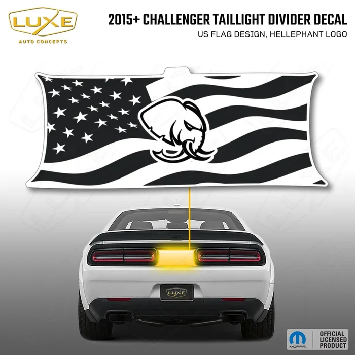 2015+ Challenger Taillight Center Divider Decal – US Flag Design, Hellephant Logo Kit
