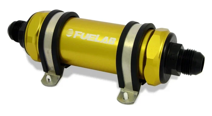 Fuelab 828 In-Line Fuel Filter Long -10AN In/Out 6 Micron Fiberglass – Gold