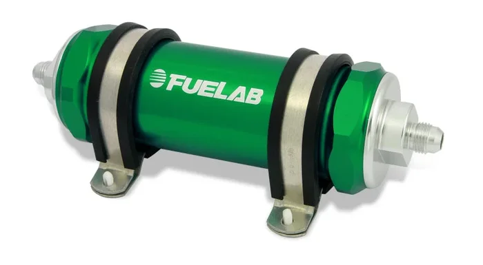 Fuelab 828 In-Line Fuel Filter Long -6AN In/Out 100 Micron Stainless – Green
