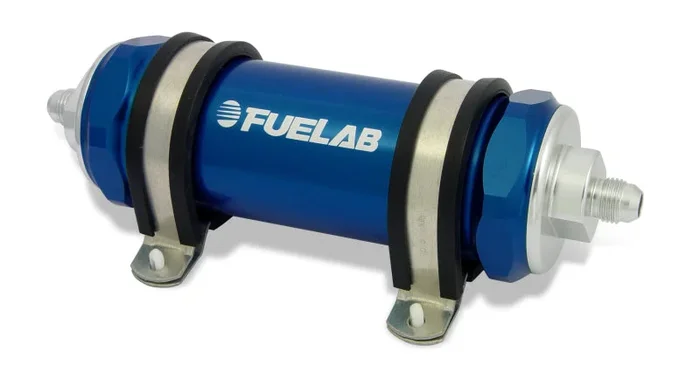 Fuelab 858 In-Line Fuel Filter Long -10AN In/Out 6 Micron Fiberglass w/Check Valve – Blue