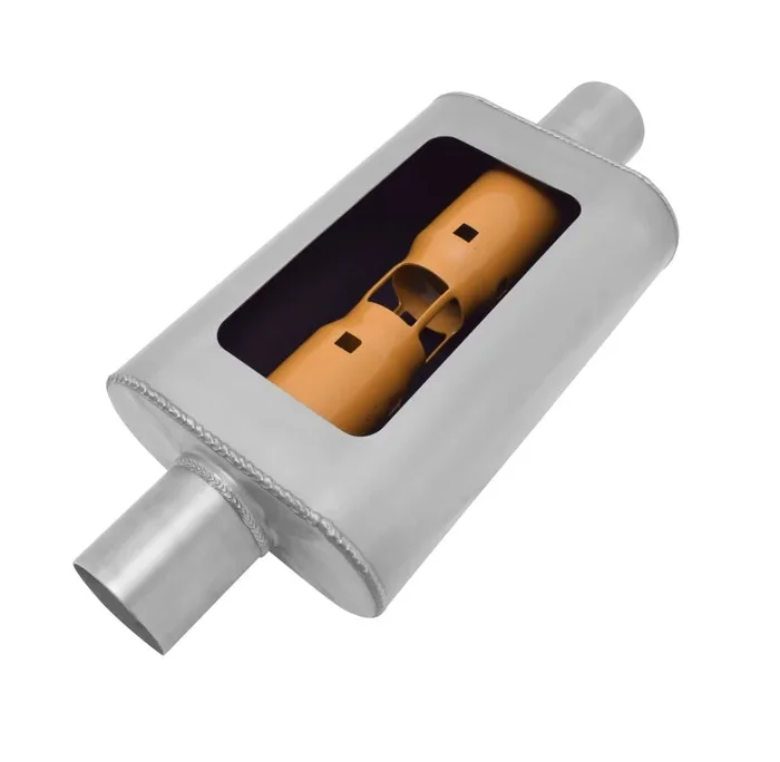 Gibson MWA Superflow Center/Center Oval Muffler – 4x9x14in/2.5in Inlet/2.5in Outlet – Stainless