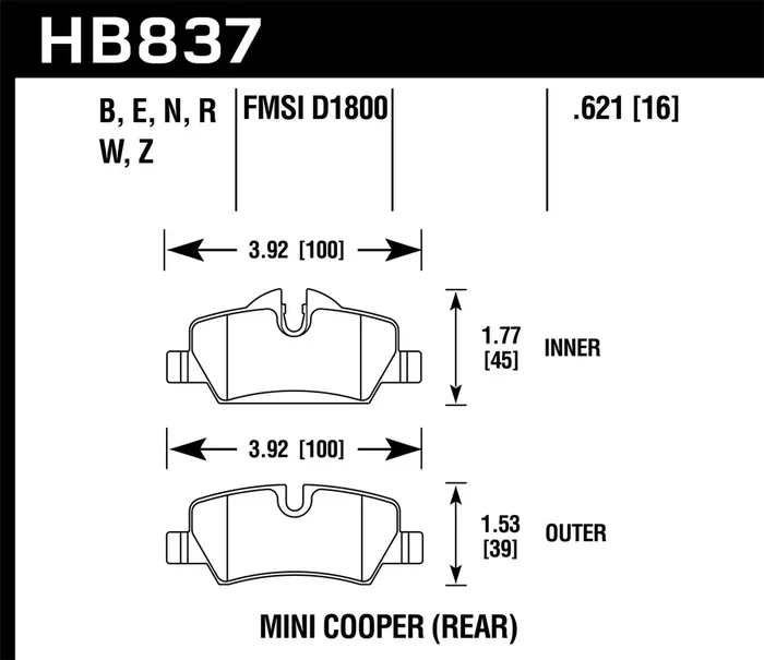 Hawk Performance HB837W.621 DTC-30 Disc Brake Pad 0.621 Thickness
