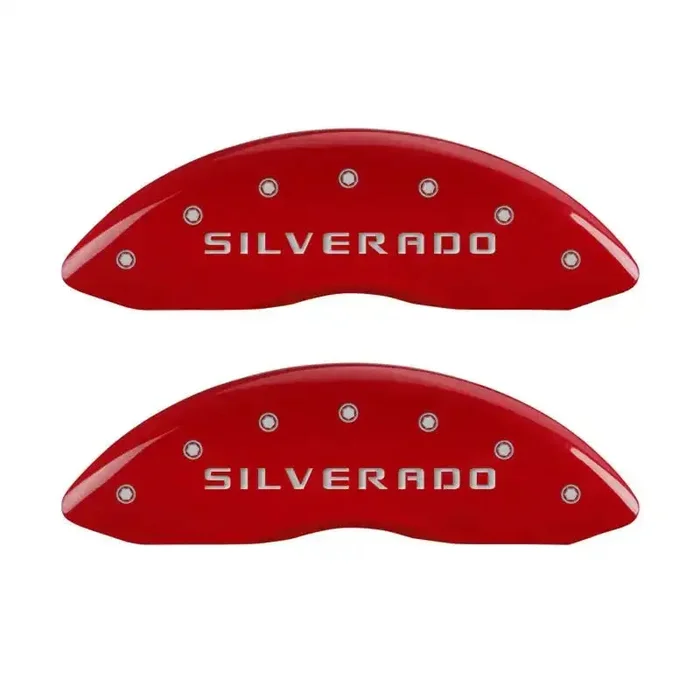 MGP Front set 2 Caliper Covers Engraved Front Silverado Red finish silver ch