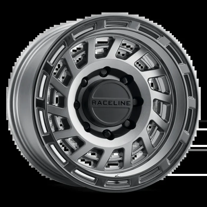 Raceline 957GB Halo 17×8.5in / 5×127 BP / 0mm Offset / 78.1mm Bore – Gunmetal & Black Lip Wheel
