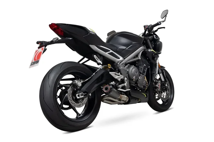 Scorpion PTR89BCER Triumph Red Power Slip-On Exhaust – Black Ceramic Coated Sleeve (Street Triple 765 R / RS)