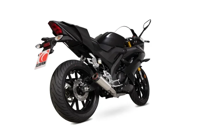 Scorpion PYA113SYSSEO Yamaha YZF-R125 Red Power Full Exhaust System – Brushed Stainless Steel Sleeve