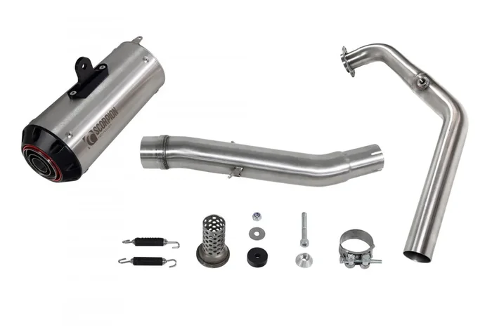 Scorpion PYA115SYSSEO Yamaha YZF-R125 Red Power Full Exhaust System – Brushed Stainless Steel Sleeve