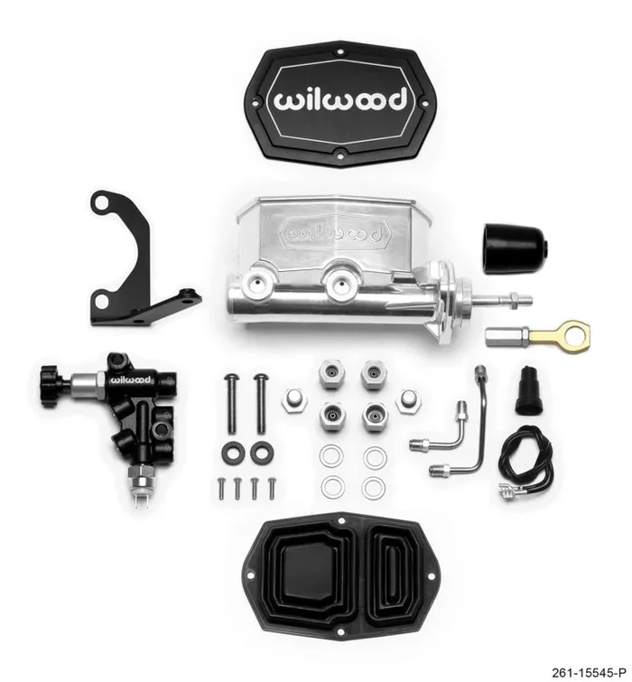 Wilwood Compact Tandem M/C – 1.12in Bore w/Bracket and Valve fits Mustang (Pushrod) – Ball Burnished