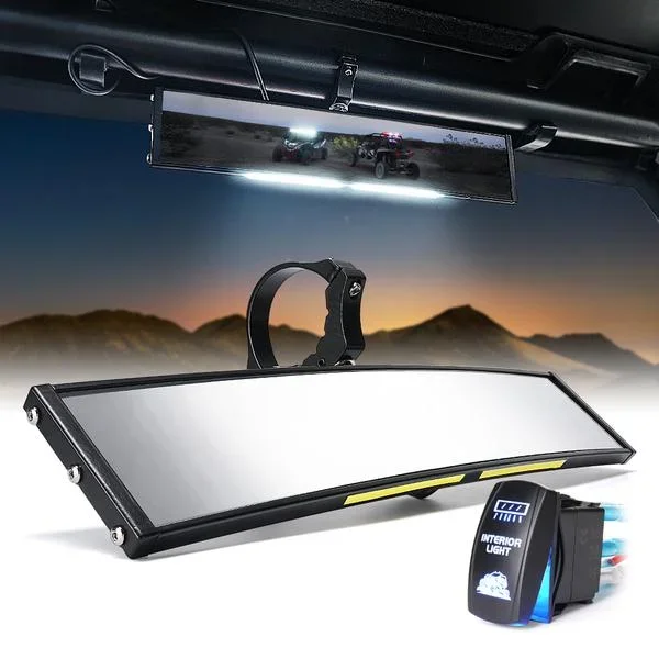 Xprite Curved UTV Rear View Mirror w/ Integrated LED Lights & Switch for 1.75 “-2 ” Rollbars – UTV-CM-G11